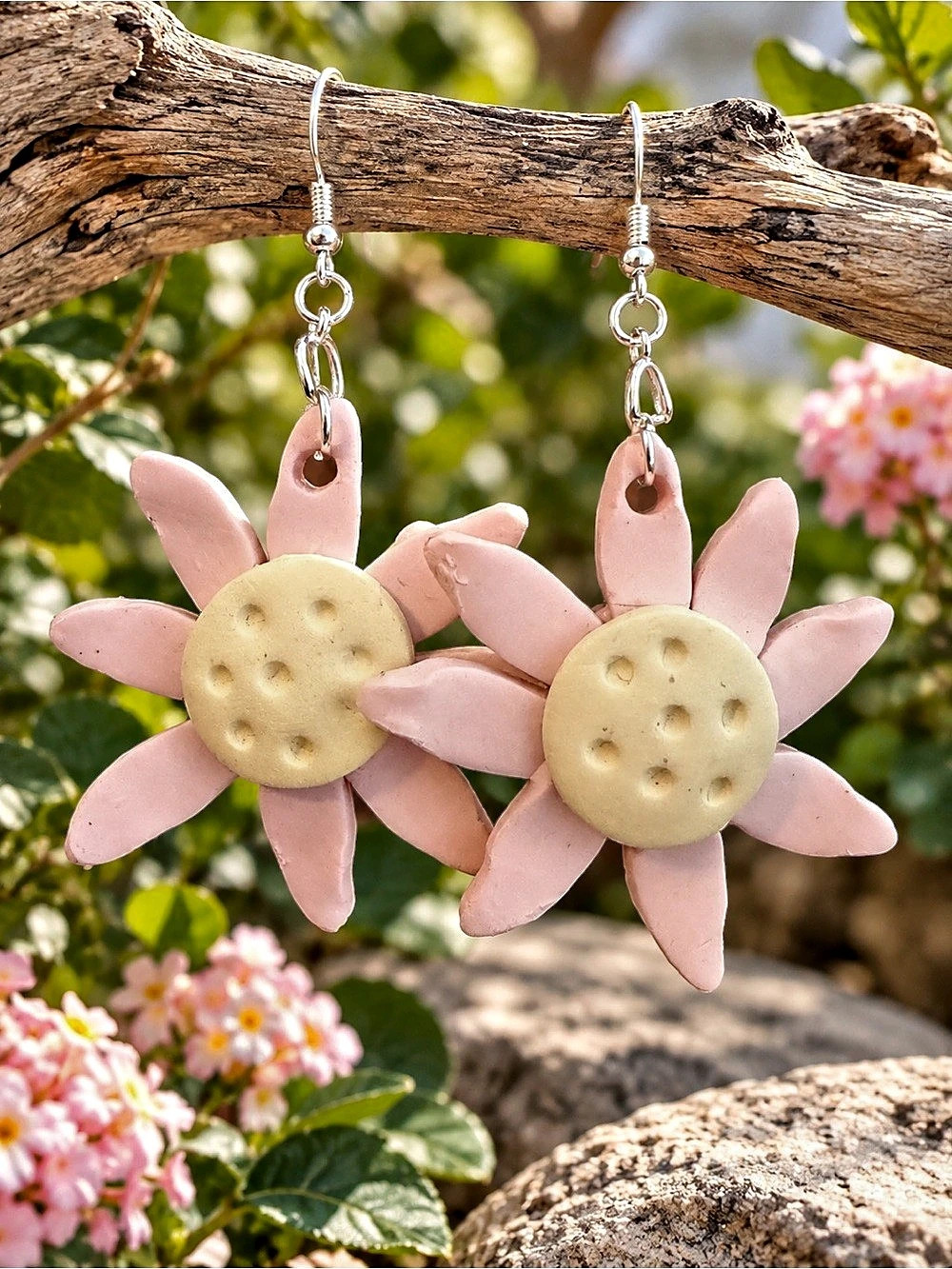Pink & Cream Flower Dangle Earrings